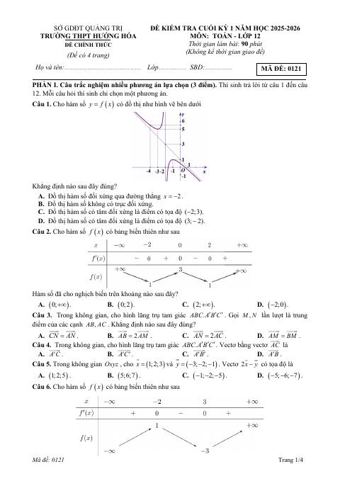 Đề thi Học kì 1 Toán 12 năm 2025-2026 trường THPT Hướng Hóa (Quảng Trị)